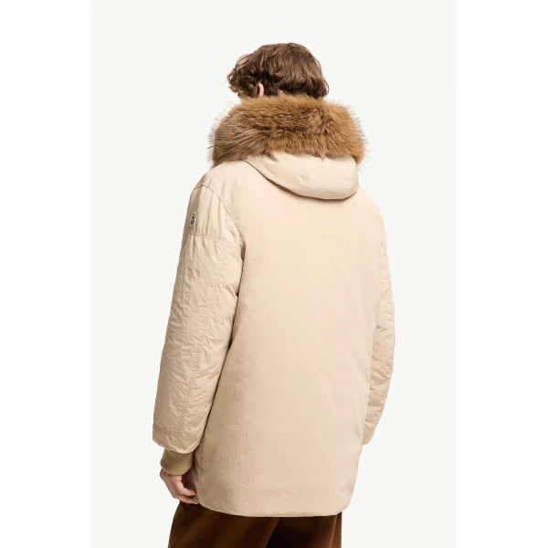 Moncler Brevanth Hooded Down Parka Jacket in Beige, view 5 | Men's Coats | Coveti
