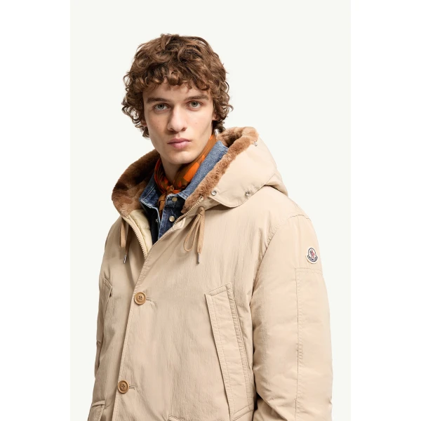 Moncler Brevanth Hooded Down Parka Jacket in Beige, view 6 | Men's Coats | Coveti