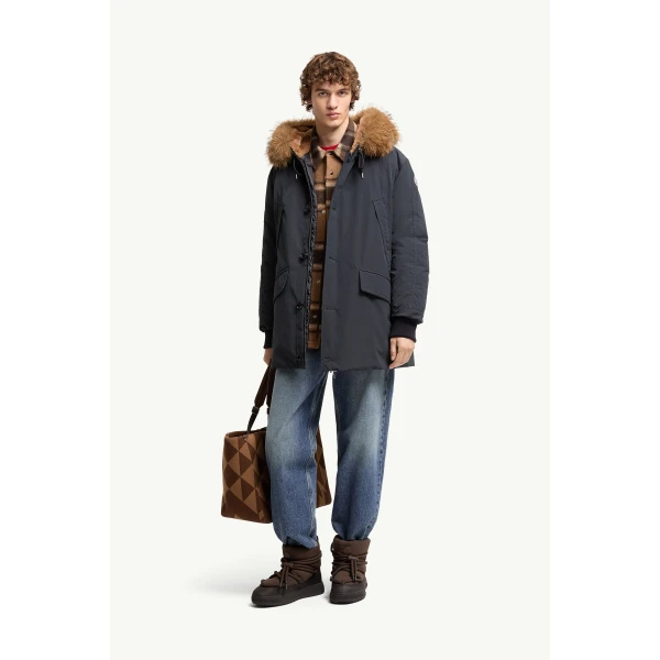 Moncler Brevanth Hooded Down Parka Jacket in Dark Blue, view 2 | Men's Coats | Coveti