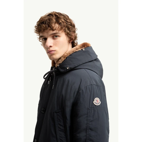 Moncler Brevanth Hooded Down Parka Jacket in Dark Blue, view 3 | Men's Coats | Coveti