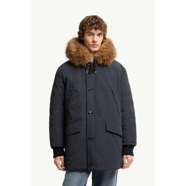 Moncler Brevanth Hooded Down Parka Jacket in Dark Blue, view 4 | Men's Coats | Coveti