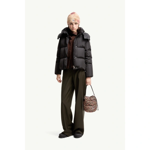 Moncler Castelnew Hooded Short Down Jacket in Black, view 2 | Women's Puffer Jackets | Coveti