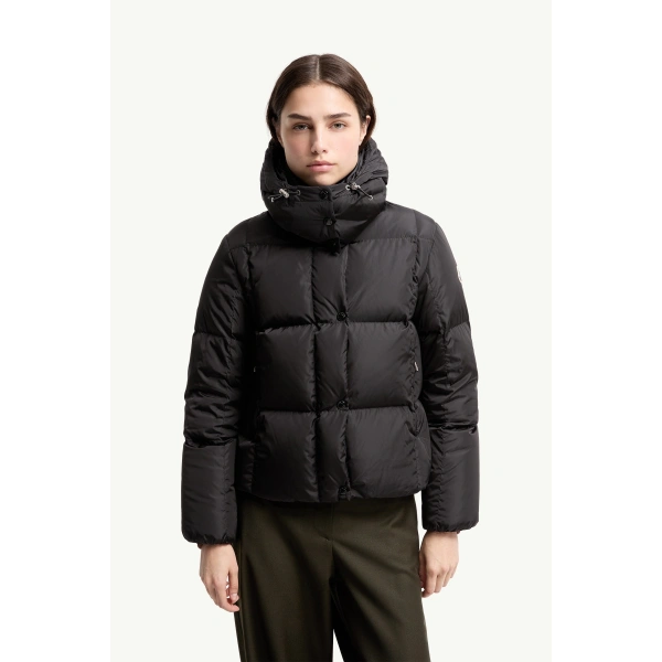 Moncler Castelnew Hooded Short Down Jacket in Black, view 4 | Women's Puffer Jackets | Coveti