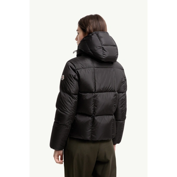 Moncler Castelnew Hooded Short Down Jacket in Black, view 5 | Women's Puffer Jackets | Coveti
