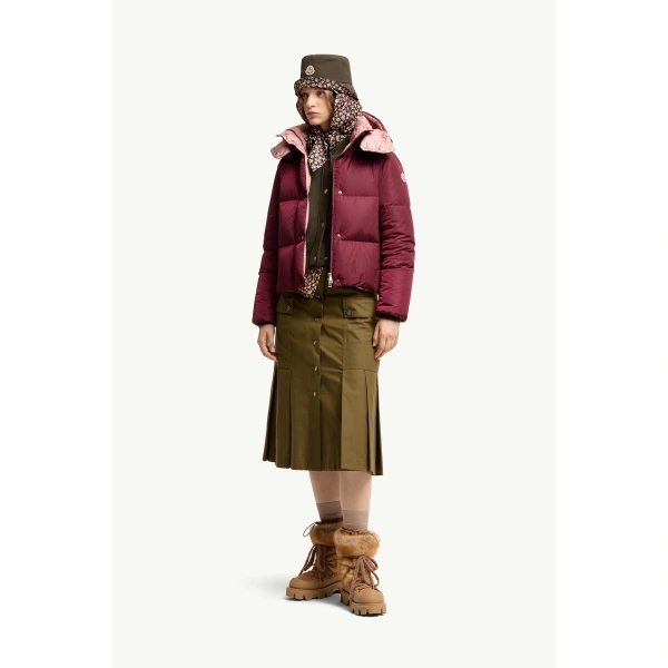 Moncler Castelnew Hooded Short Down Jacket in Burgundy, view 2 | Women's Puffer Jackets | Coveti