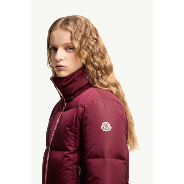 Moncler Castelnew Hooded Short Down Jacket in Burgundy, view 3 | Women's Puffer Jackets | Coveti