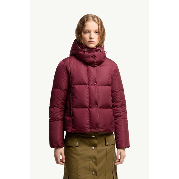 Moncler Castelnew Hooded Short Down Jacket in Burgundy, view 4 | Women's Puffer Jackets | Coveti