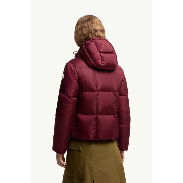 Moncler Castelnew Hooded Short Down Jacket in Burgundy, view 5 | Women's Puffer Jackets | Coveti