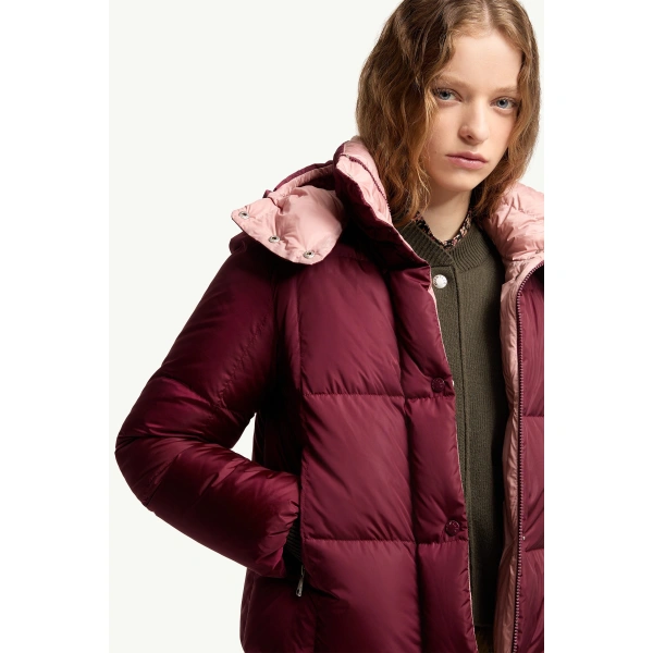 Moncler Castelnew Hooded Short Down Jacket in Burgundy, view 6 | Women's Puffer Jackets | Coveti