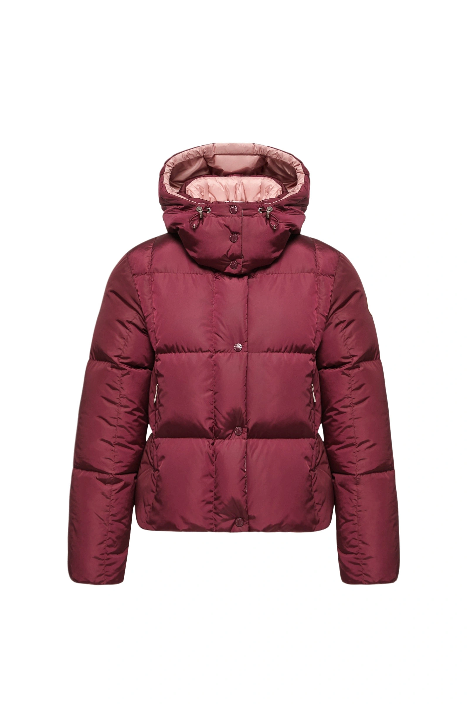 Moncler Castelnew Hooded Short Down Jacket in Burgundy Moncler Castelnew Hooded Short Down Jacket in Burgundy | Women's Puffer Jackets | Coveti