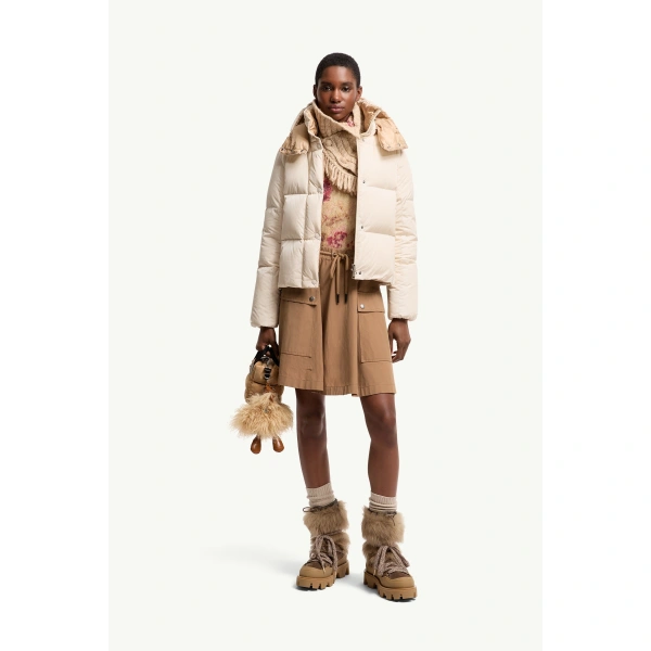 Moncler Castelnew Hooded Short Down Jacket in White Ivory, view 2 | Women's Puffer Jackets | Coveti