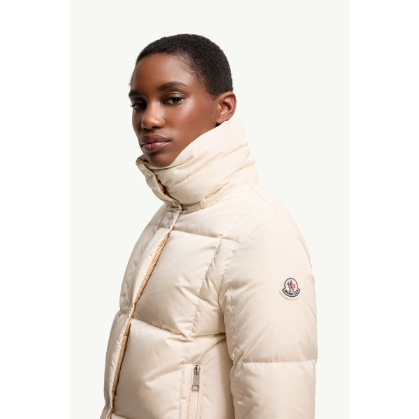 Moncler Castelnew Hooded Short Down Jacket in White Ivory, view 3 | Women's Puffer Jackets | Coveti
