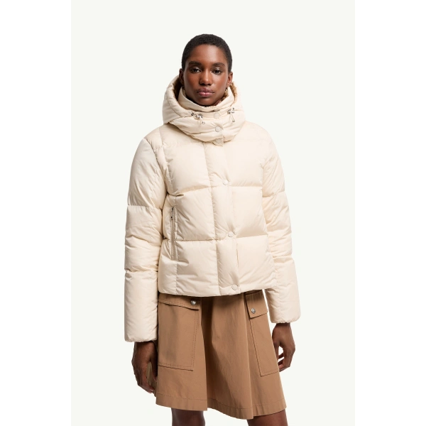 Moncler Castelnew Hooded Short Down Jacket in White Ivory, view 4 | Women's Puffer Jackets | Coveti