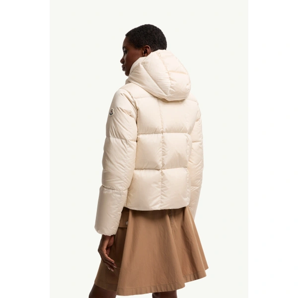 Moncler Castelnew Hooded Short Down Jacket in White Ivory, view 5 | Women's Puffer Jackets | Coveti