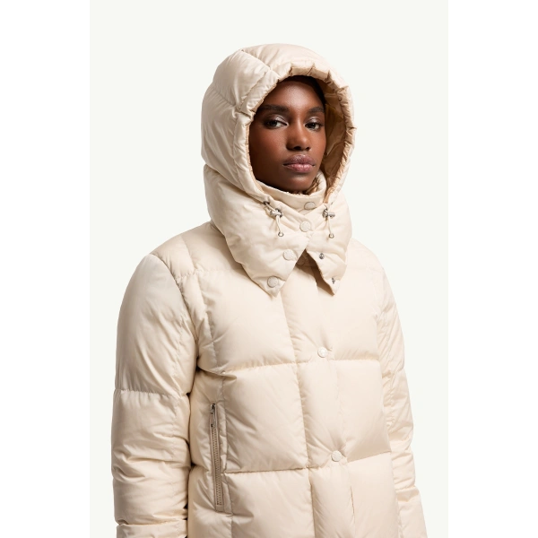 Moncler Castelnew Hooded Short Down Jacket in White Ivory, view 6 | Women's Puffer Jackets | Coveti