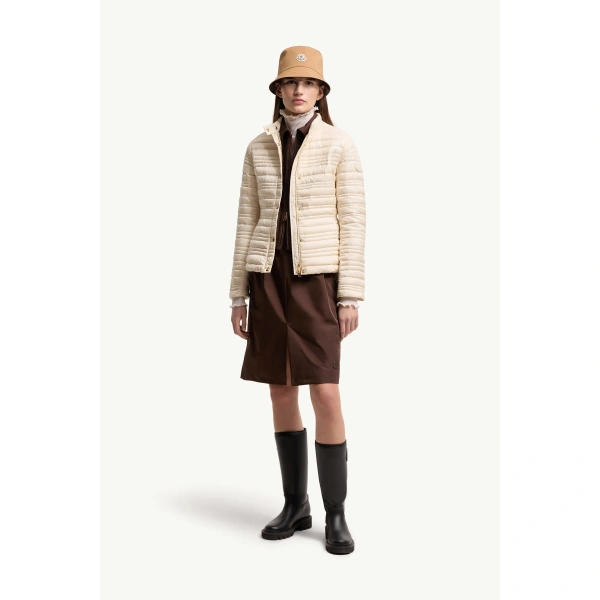 Moncler Cataire Striped-Quilted Down-Filled Biker Jacket in Light Beige, view 2 | Women's Puffer Jackets | Coveti