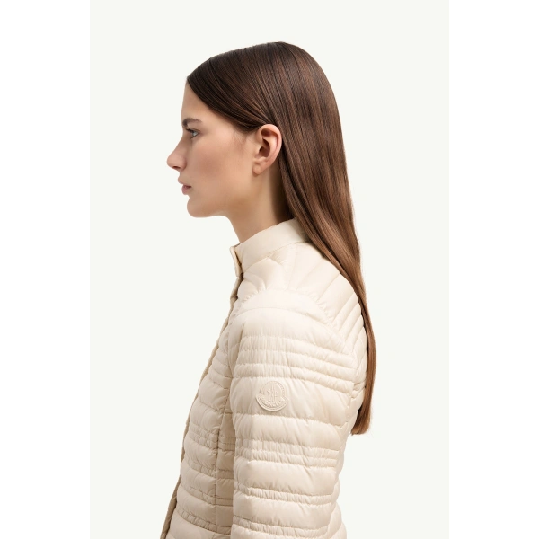 Moncler Cataire Striped-Quilted Down-Filled Biker Jacket in Light Beige, view 3 | Women's Puffer Jackets | Coveti
