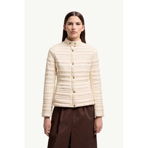Moncler Cataire Striped-Quilted Down-Filled Biker Jacket in Light Beige, view 4 | Women's Puffer Jackets | Coveti