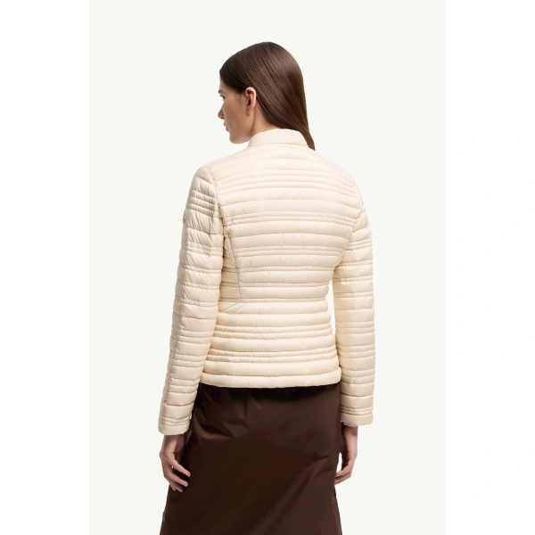 Moncler Cataire Striped-Quilted Down-Filled Biker Jacket in Light Beige, view 5 | Women's Puffer Jackets | Coveti