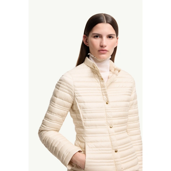 Moncler Cataire Striped-Quilted Down-Filled Biker Jacket in Light Beige, view 6 | Women's Puffer Jackets | Coveti
