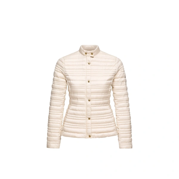 Moncler Cataire Striped-Quilted Down-Filled Biker Jacket in Light Beige | Women's Puffer Jackets | Coveti