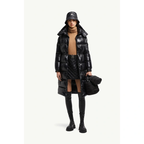 Moncler Cavettaz Hooded Long Down Jacket in Black, view 2 | Women's Puffer and Down Coats | Coveti