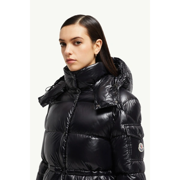 Moncler Cavettaz Hooded Long Down Jacket in Black, view 3 | Women's Puffer and Down Coats | Coveti