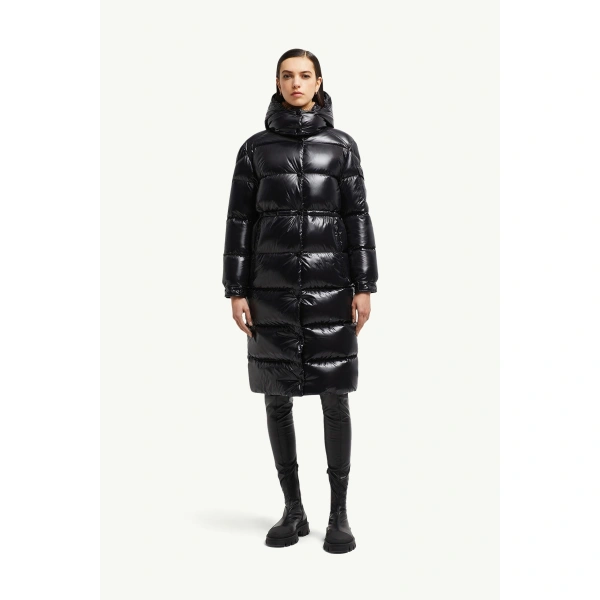Moncler Cavettaz Hooded Long Down Jacket in Black, view 4 | Women's Puffer and Down Coats | Coveti