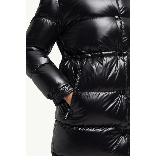 Moncler Cavettaz Hooded Long Down Jacket in Black, view 6 | Women's Puffer and Down Coats | Coveti