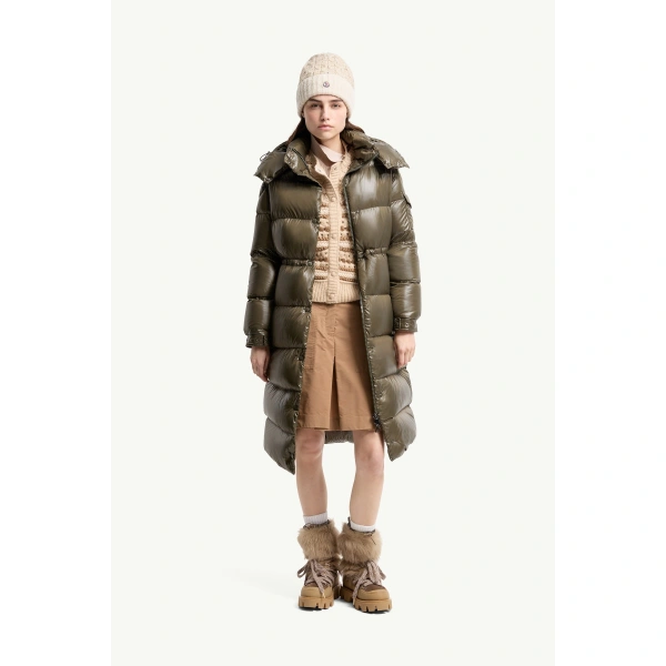 Moncler Cavettaz Hooded Long Down Jacket in Dark Green, view 2 | Women's Puffer and Down Coats | Coveti