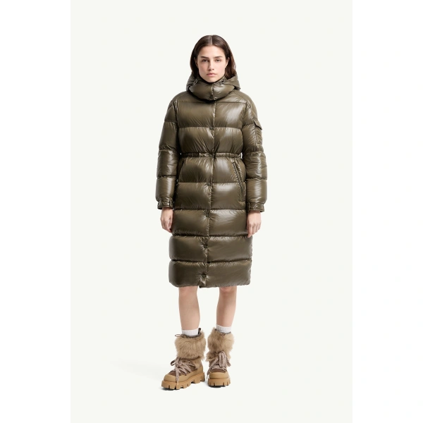 Moncler Cavettaz Hooded Long Down Jacket in Dark Green, view 4 | Women's Puffer and Down Coats | Coveti