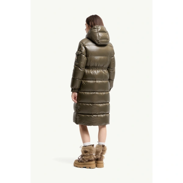 Moncler Cavettaz Hooded Long Down Jacket in Dark Green, view 5 | Women's Puffer and Down Coats | Coveti