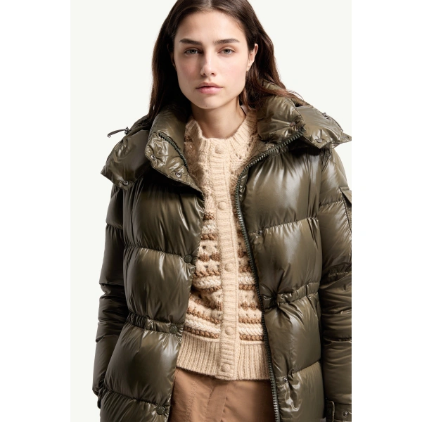 Moncler Cavettaz Hooded Long Down Jacket in Dark Green, view 6 | Women's Puffer and Down Coats | Coveti