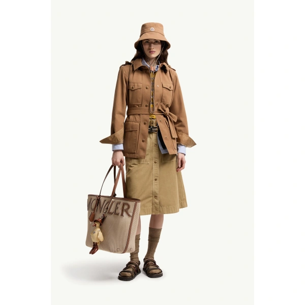 Moncler Centaurea Hooded Gabardine Field Jacket in Camel Beige, view 2 | Women's Jackets | Coveti