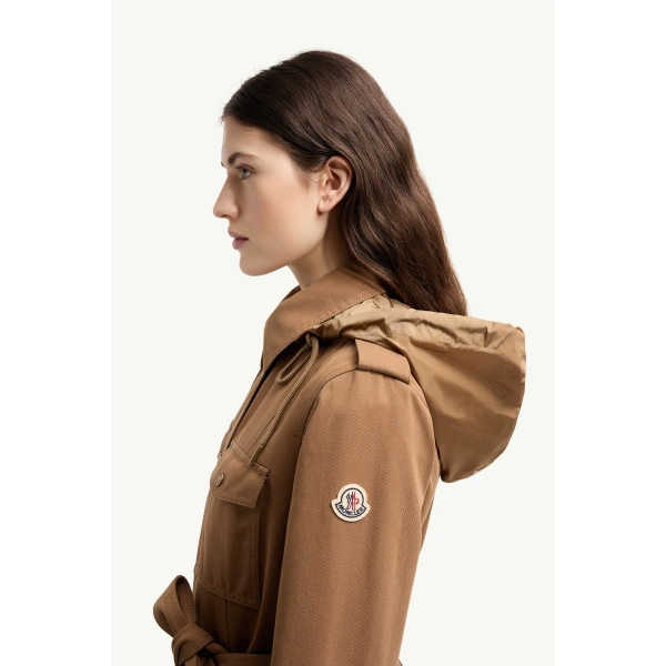 Moncler Centaurea Hooded Gabardine Field Jacket in Camel Beige, view 3 | Women's Jackets | Coveti