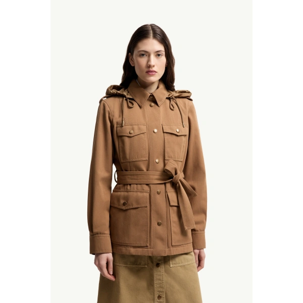 Moncler Centaurea Hooded Gabardine Field Jacket in Camel Beige, view 4 | Women's Jackets | Coveti