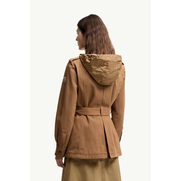 Moncler Centaurea Hooded Gabardine Field Jacket in Camel Beige, view 5 | Women's Jackets | Coveti