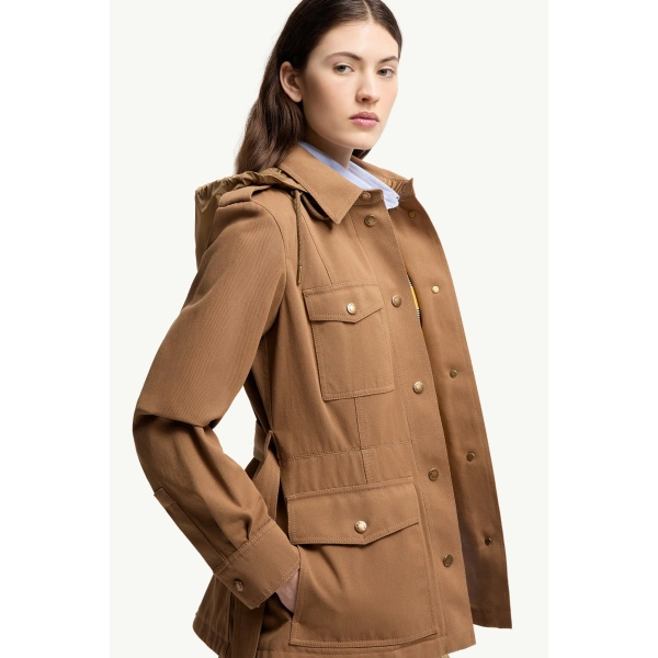 Moncler Centaurea Hooded Gabardine Field Jacket in Camel Beige, view 6 | Women's Jackets | Coveti