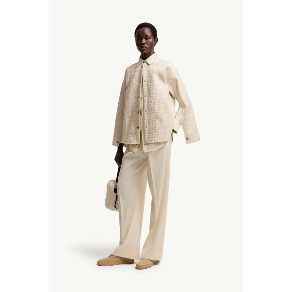 Moncler Chain Quilted Padded Shirt Jacket in Light Beige, view 2 | Women's Puffer Jackets | Coveti