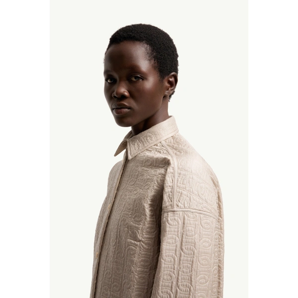 Moncler Chain Quilted Padded Shirt Jacket in Light Beige, view 3 | Women's Puffer Jackets | Coveti