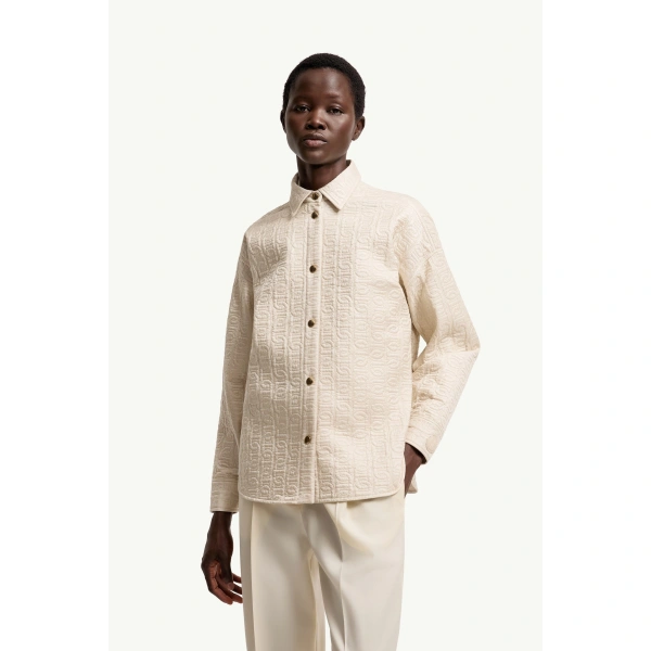 Moncler Chain Quilted Padded Shirt Jacket in Light Beige, view 4 | Women's Puffer Jackets | Coveti