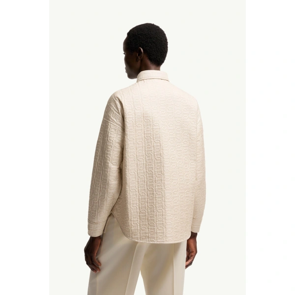 Moncler Chain Quilted Padded Shirt Jacket in Light Beige, view 5 | Women's Puffer Jackets | Coveti