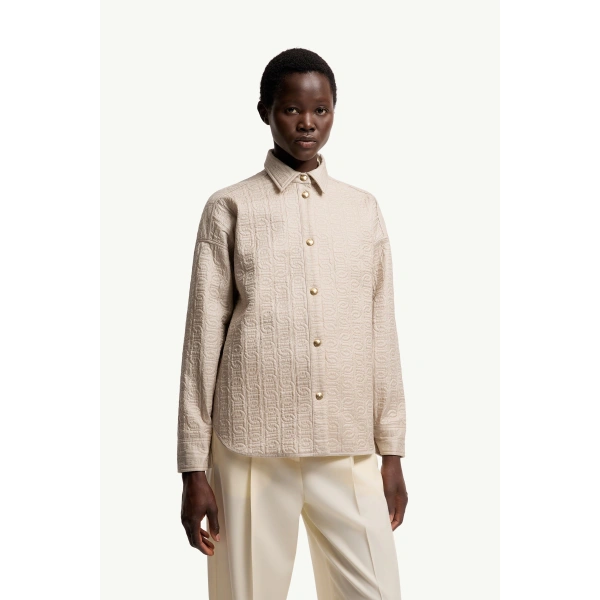 Moncler Chain Quilted Padded Shirt Jacket in Light Beige, view 6 | Women's Puffer Jackets | Coveti