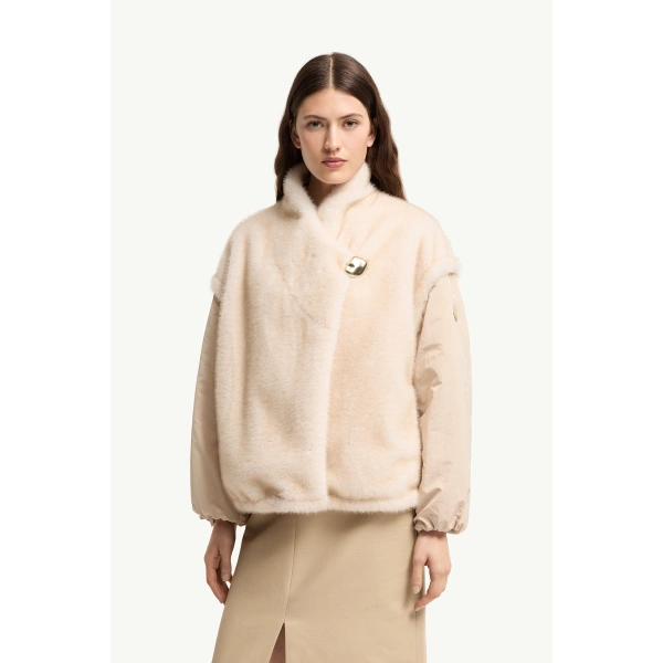 Moncler Chardonneret 2-in-1 Reversible Teddy Down Jacket in White Ivory, view 4 | Women's Puffer Jackets | Coveti