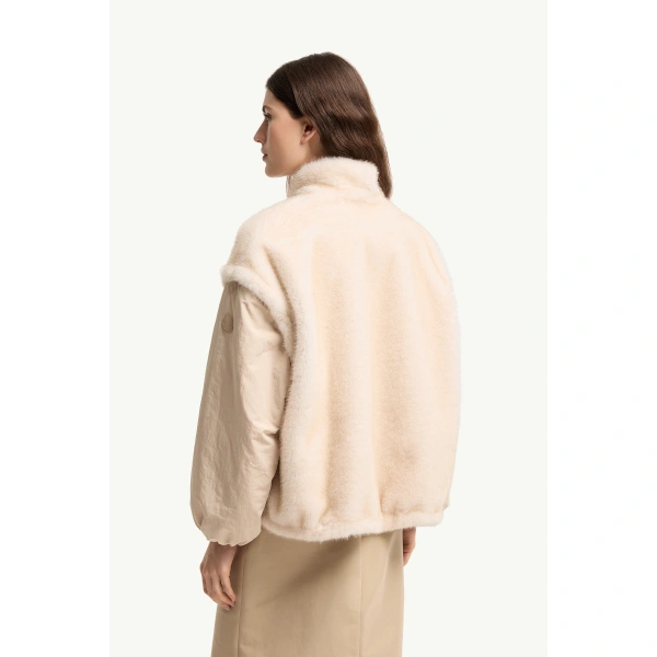 Moncler Chardonneret 2-in-1 Reversible Teddy Down Jacket in White Ivory, view 5 | Women's Puffer Jackets | Coveti