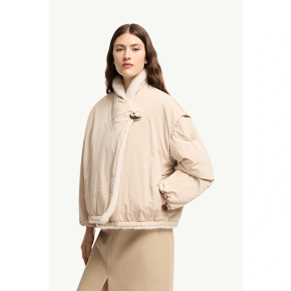 Moncler Chardonneret 2-in-1 Reversible Teddy Down Jacket in White Ivory, view 6 | Women's Puffer Jackets | Coveti