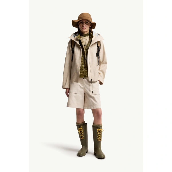 Moncler Chartres Linen Blend Hooded Jacket in Gray Beige, view 2 | Women's Jackets | Coveti