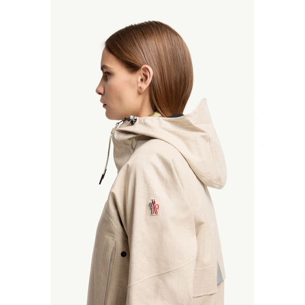 Moncler Chartres Linen Blend Hooded Jacket in Gray Beige, view 3 | Women's Jackets | Coveti
