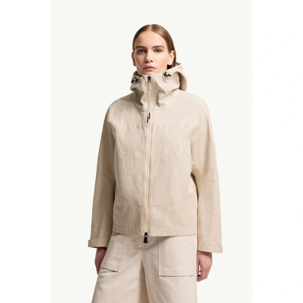 Moncler Chartres Linen Blend Hooded Jacket in Gray Beige, view 4 | Women's Jackets | Coveti