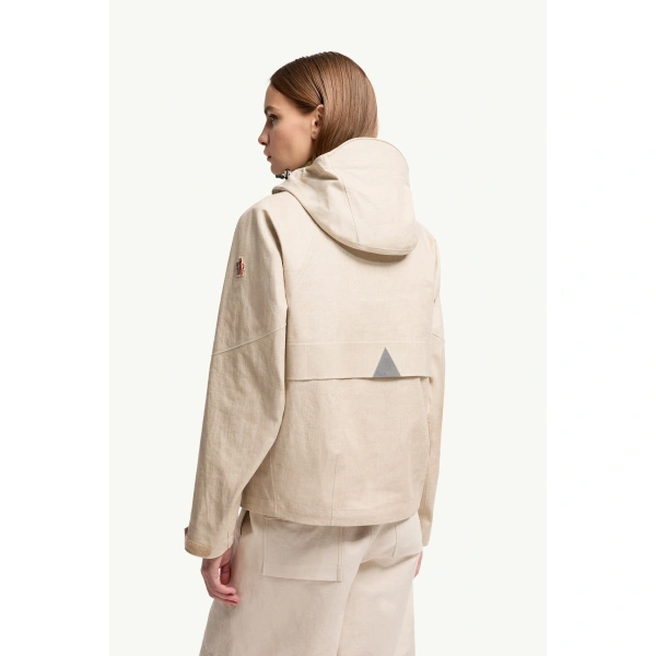 Moncler Chartres Linen Blend Hooded Jacket in Gray Beige, view 5 | Women's Jackets | Coveti